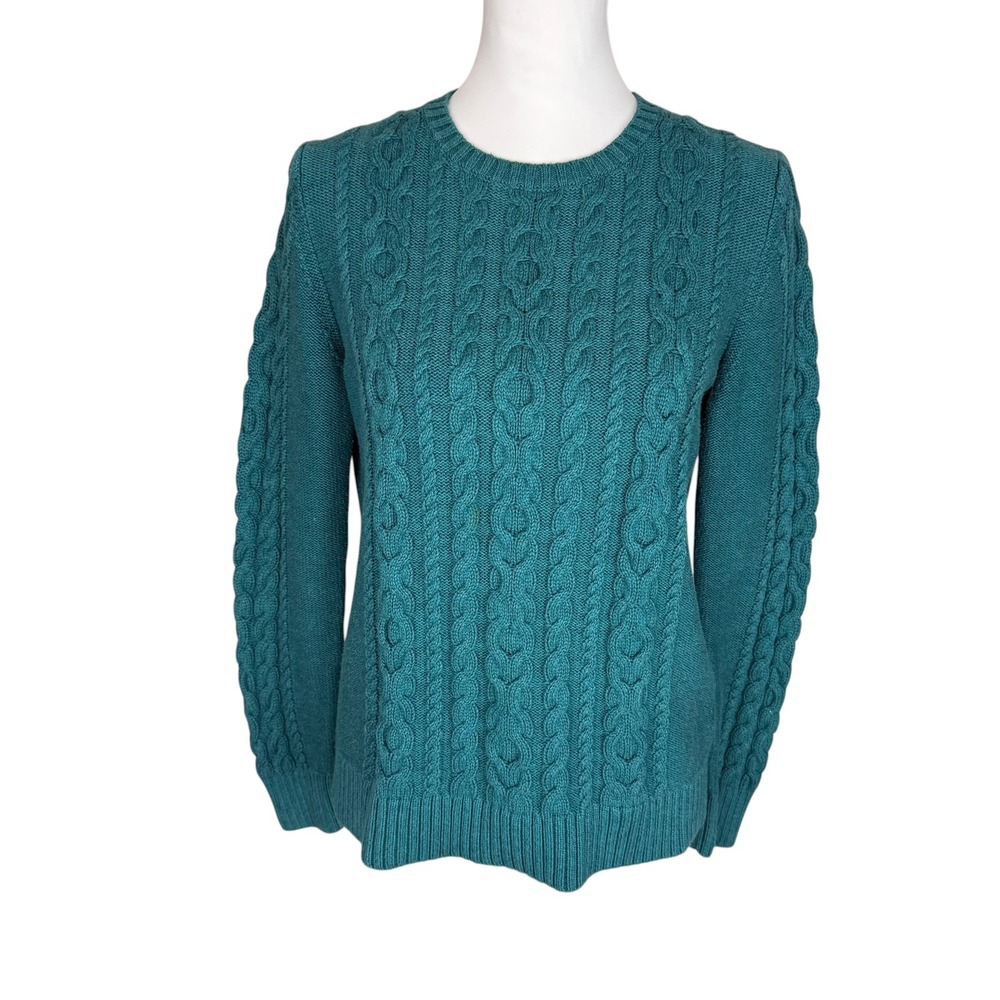 LL Bean Womens Teal Green 100% Cotton Cable Knit Crewneck Sweater Medium 298839